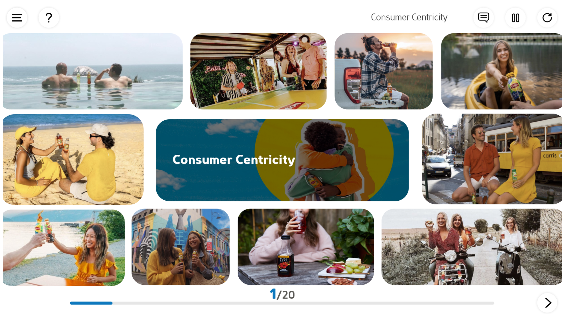 Title screen 1 of 20: a mosaic of Lipton Ice Tea photography — people in a pool, at a stall, on a beach, in a kayak, on a tram, on a scooter — with Consumer Centricity in white on a blue and yellow panel at the centre. A progress bar and next control sit along the bottom.