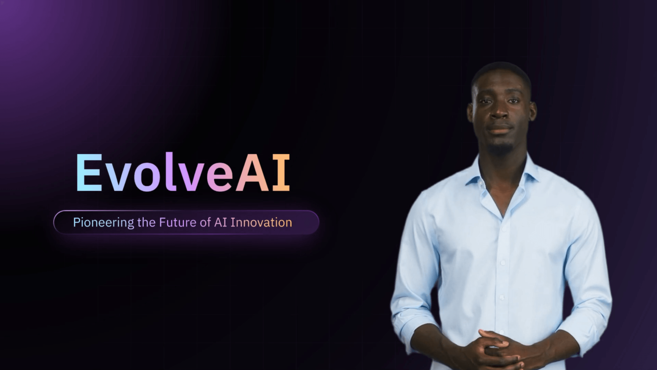 Title card: EvolveAI in a pastel gradient with the line Pioneering the Future of AI Innovation, beside the AI presenter standing against a dark violet backdrop.