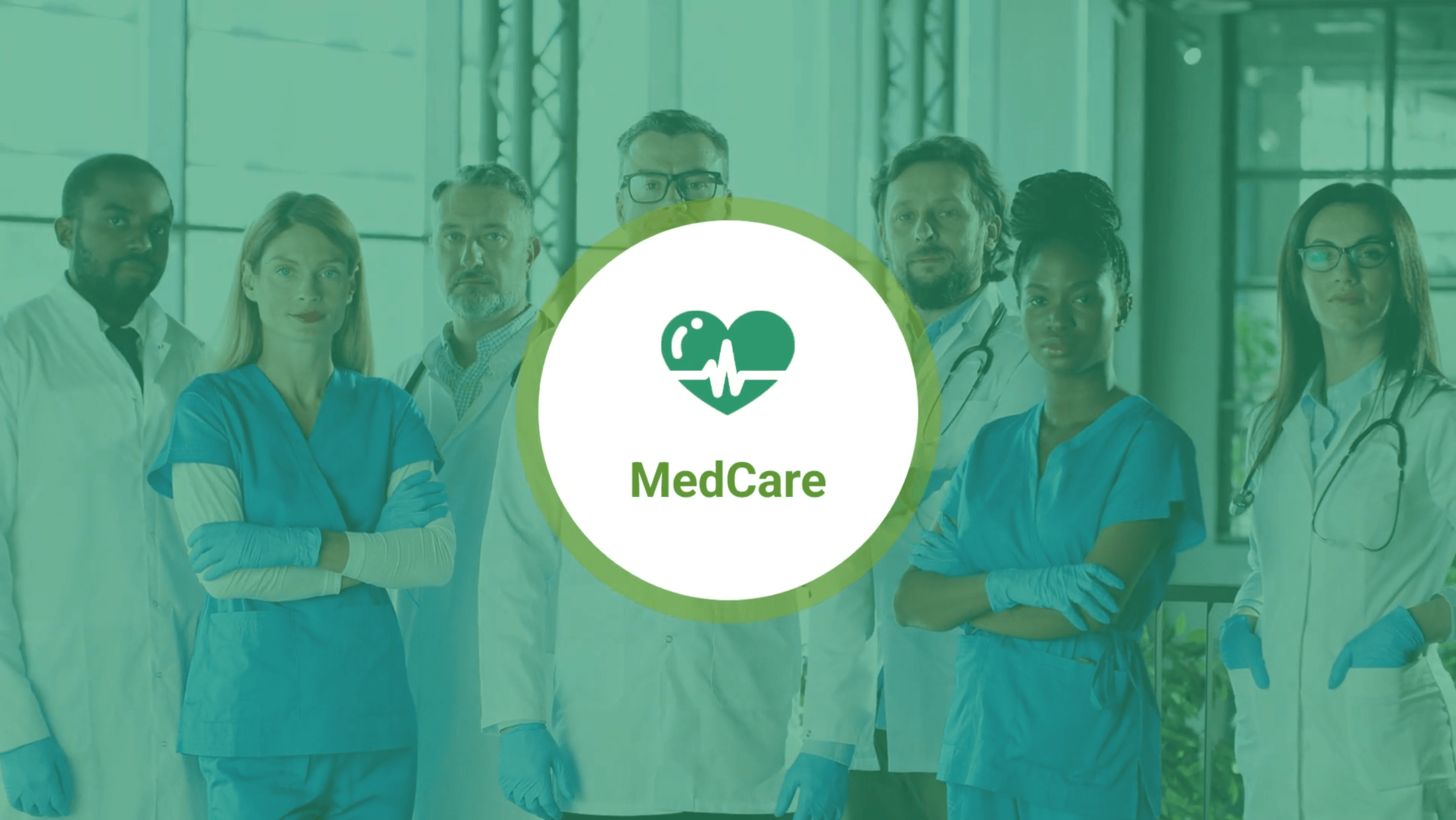 Title card: the MedCare heart-and-pulse mark in a white circle, over a green-tinted photograph of a clinical team in scrubs and lab coats.