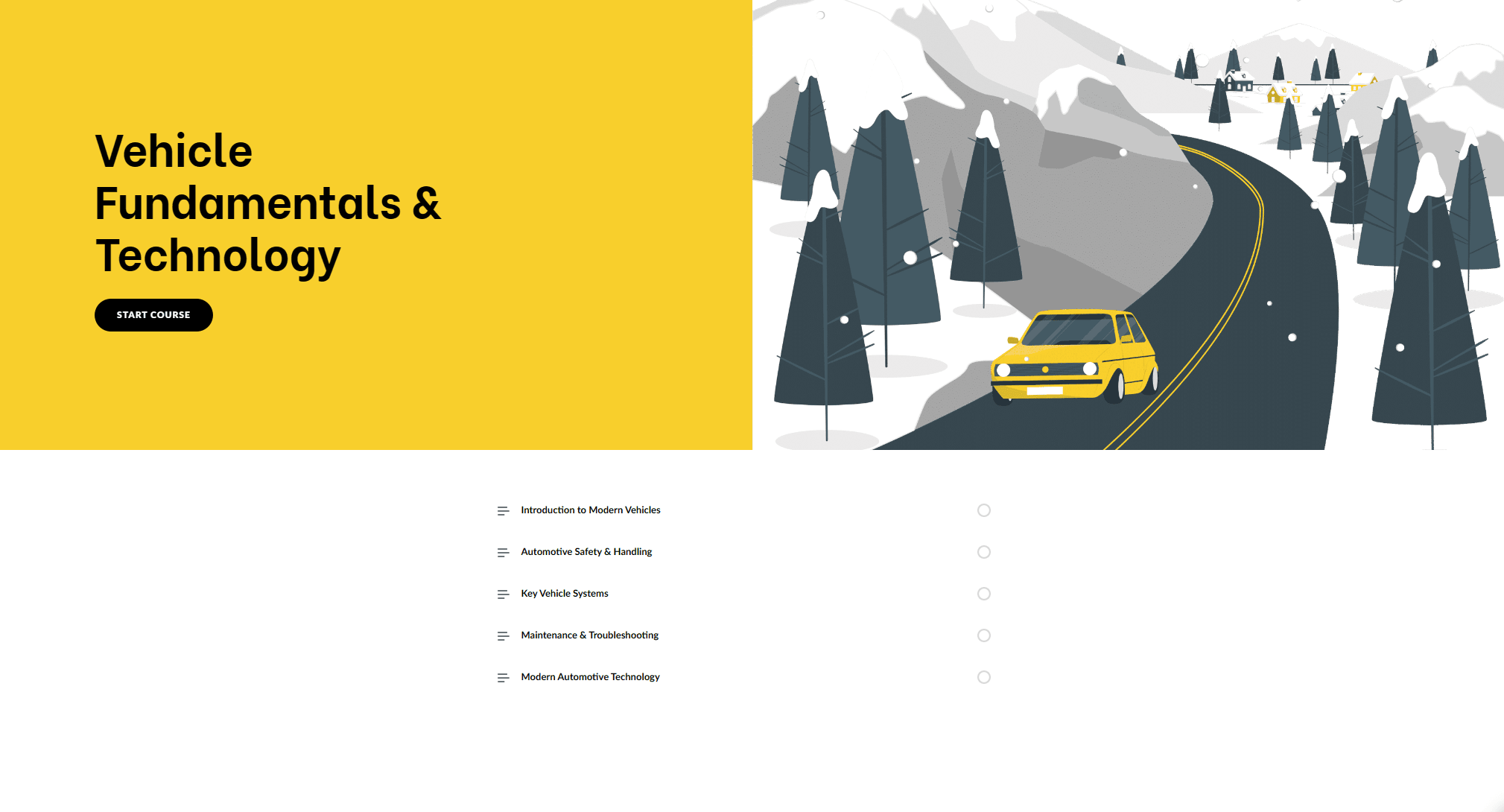 Course home: Vehicle Fundamentals & Technology on a yellow panel with a Start Course button, an illustrated car on a mountain road, and the five lesson titles listed below.